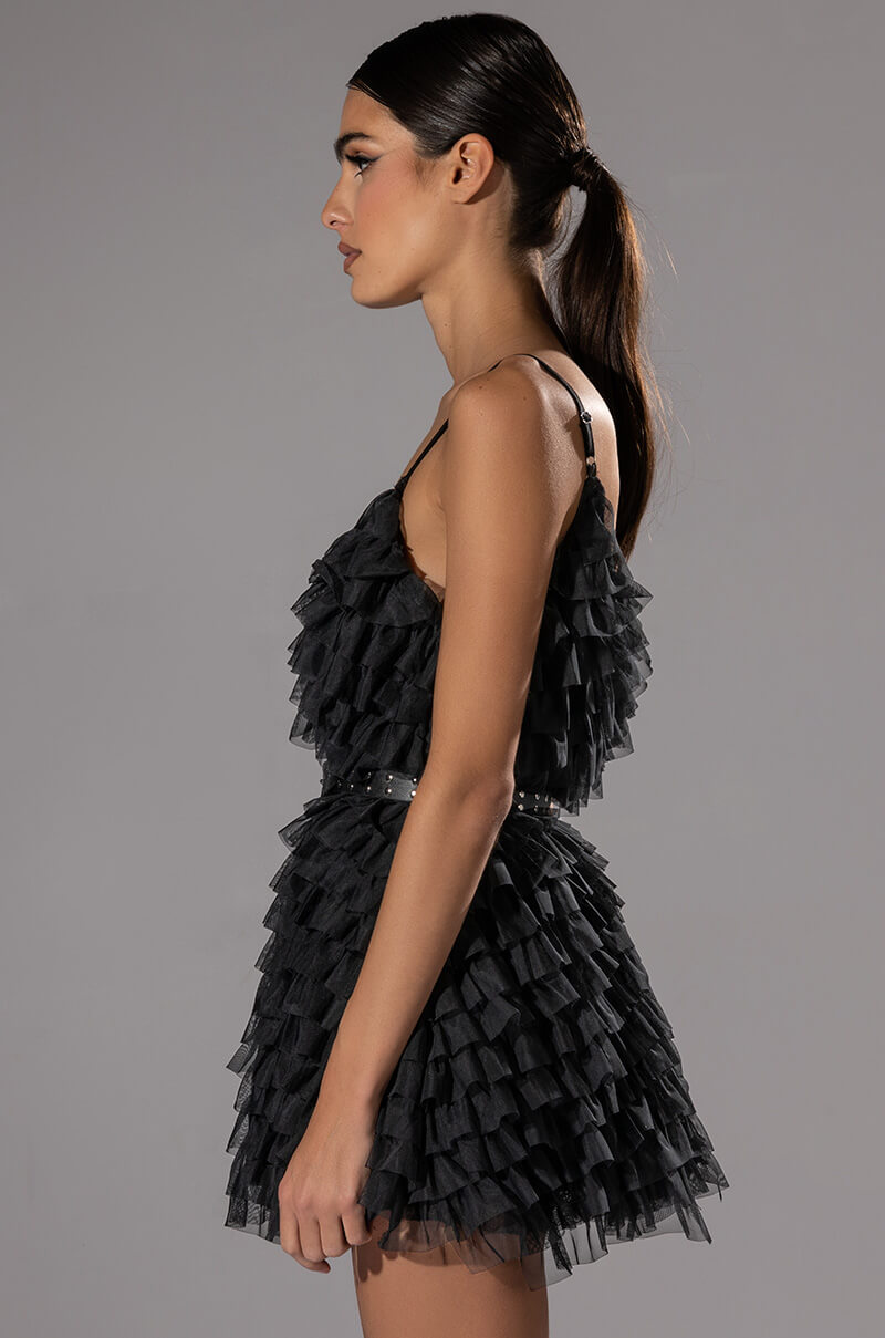 CRAZY FOR YOU BELTED TIERED TULLE MINI DRESS
