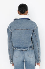 CROP DENIM JACKET WITH PLUSH COLLAR