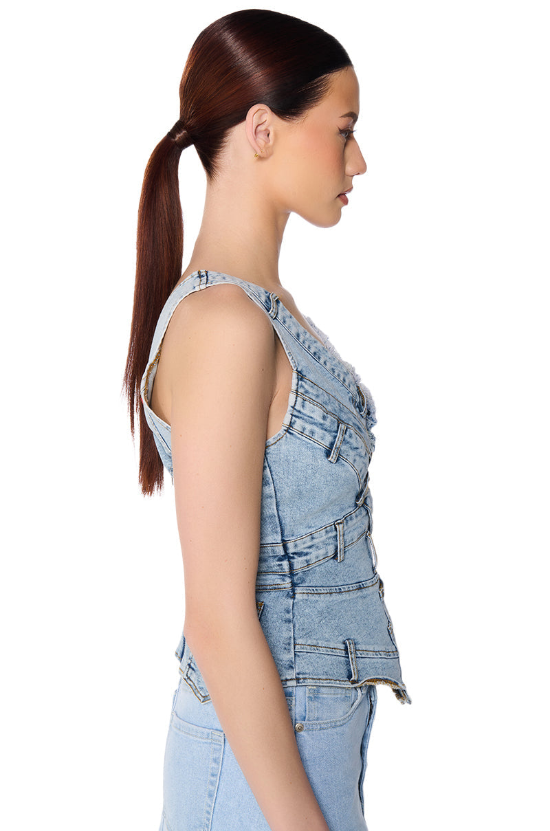 CUFFIN IT' DENIM SLEEVELESS TOP
