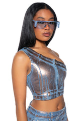 DIVINE TIMING CROPPED METALLIC DENIM TOP