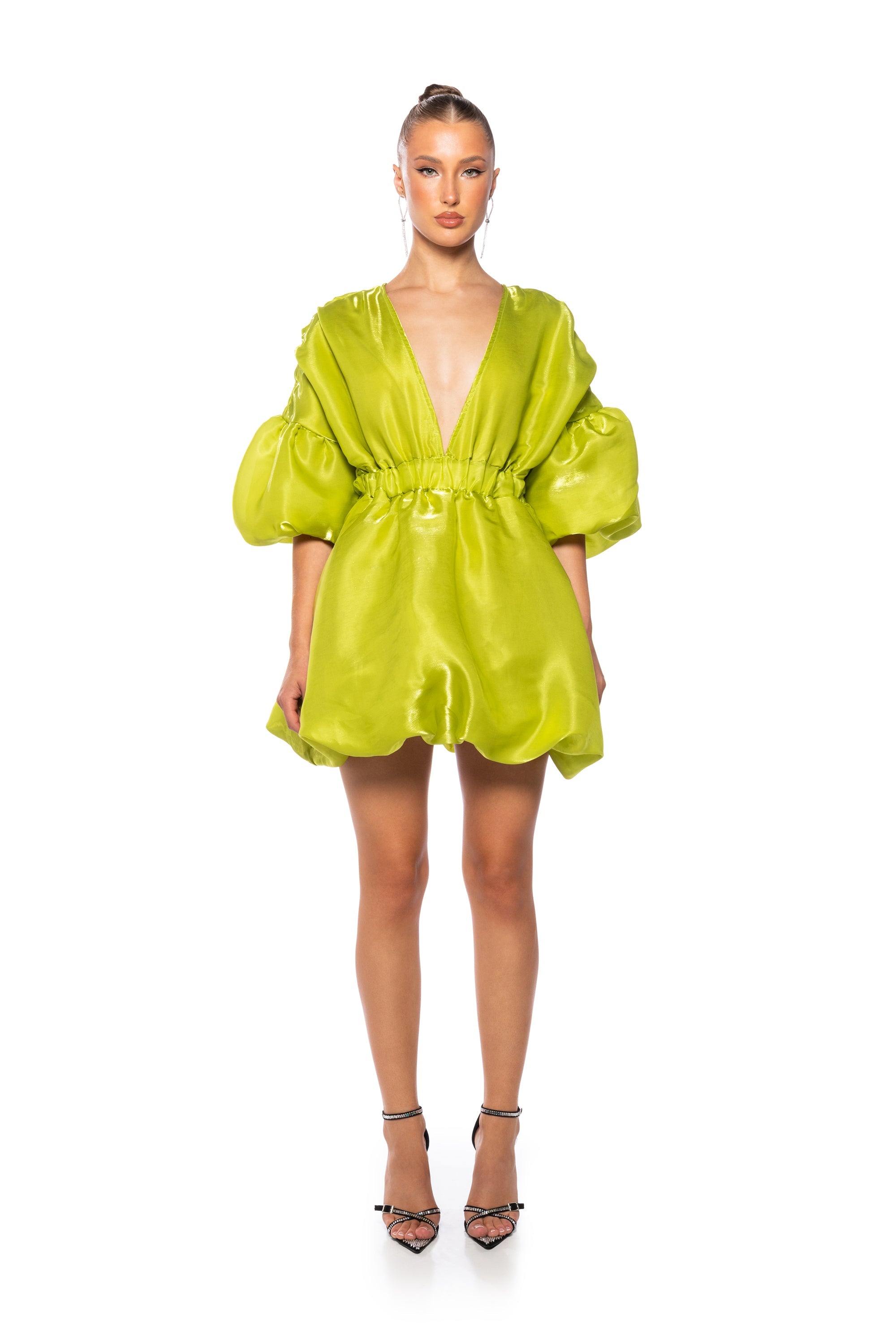 DIXIE BALLOON SLEEVE MINI DRESS IN LIME