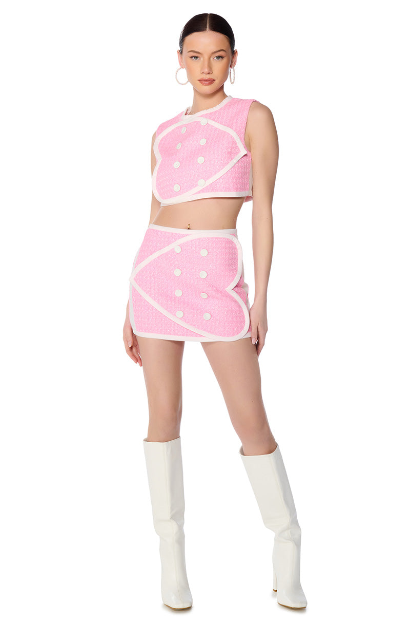 DOUBLE HEART PINK TWEED MINI SKIRT