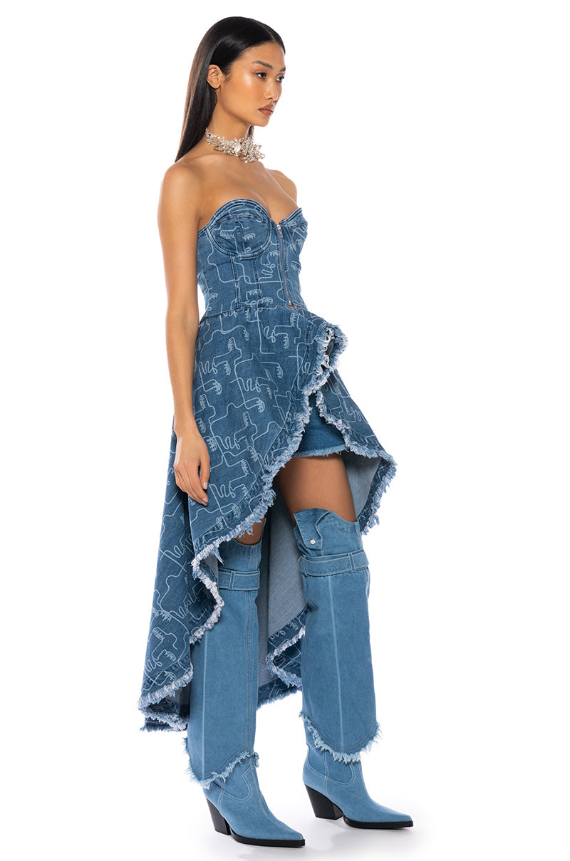 DUSK TIL DAWN PRINTED DENIM CORSET BLOUSE