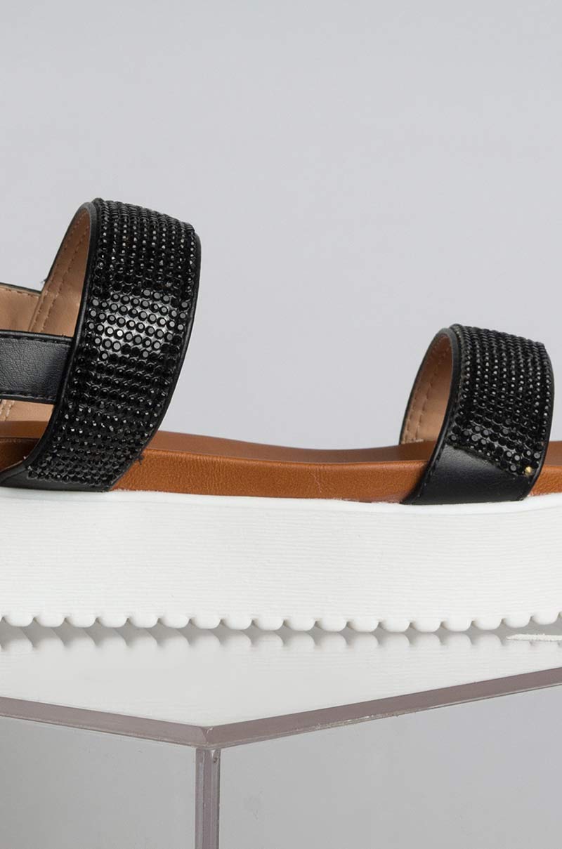 AZALEA WANG SUGAR AND SPICE EMBELLISHED TWO STRAP FLATFORM SANDALS BLACK